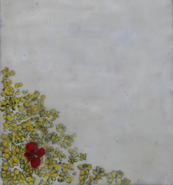 Encoustic on wood with white background and one sole red flowers surrounded by small yellow flower in lower left hand corner