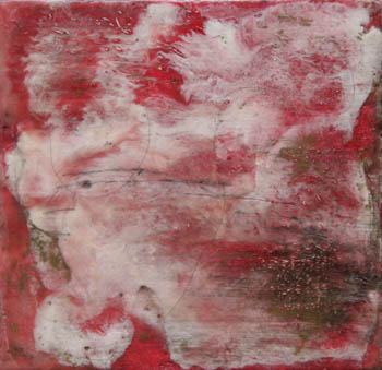 Encoustic on wood red with bits of gold and a cloud of white