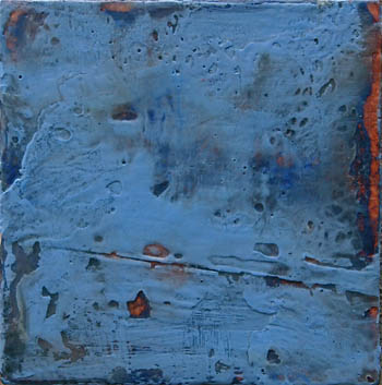 Encoustic on wood skyblue backgroud with heavy texture and organge peaking through